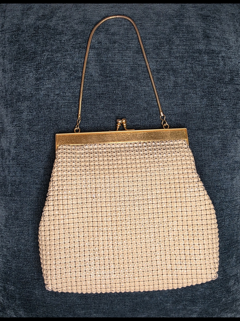 Vintage Enameled Evening Bag Gold Tone Frame Cream Enamel Tile Clutch Purse